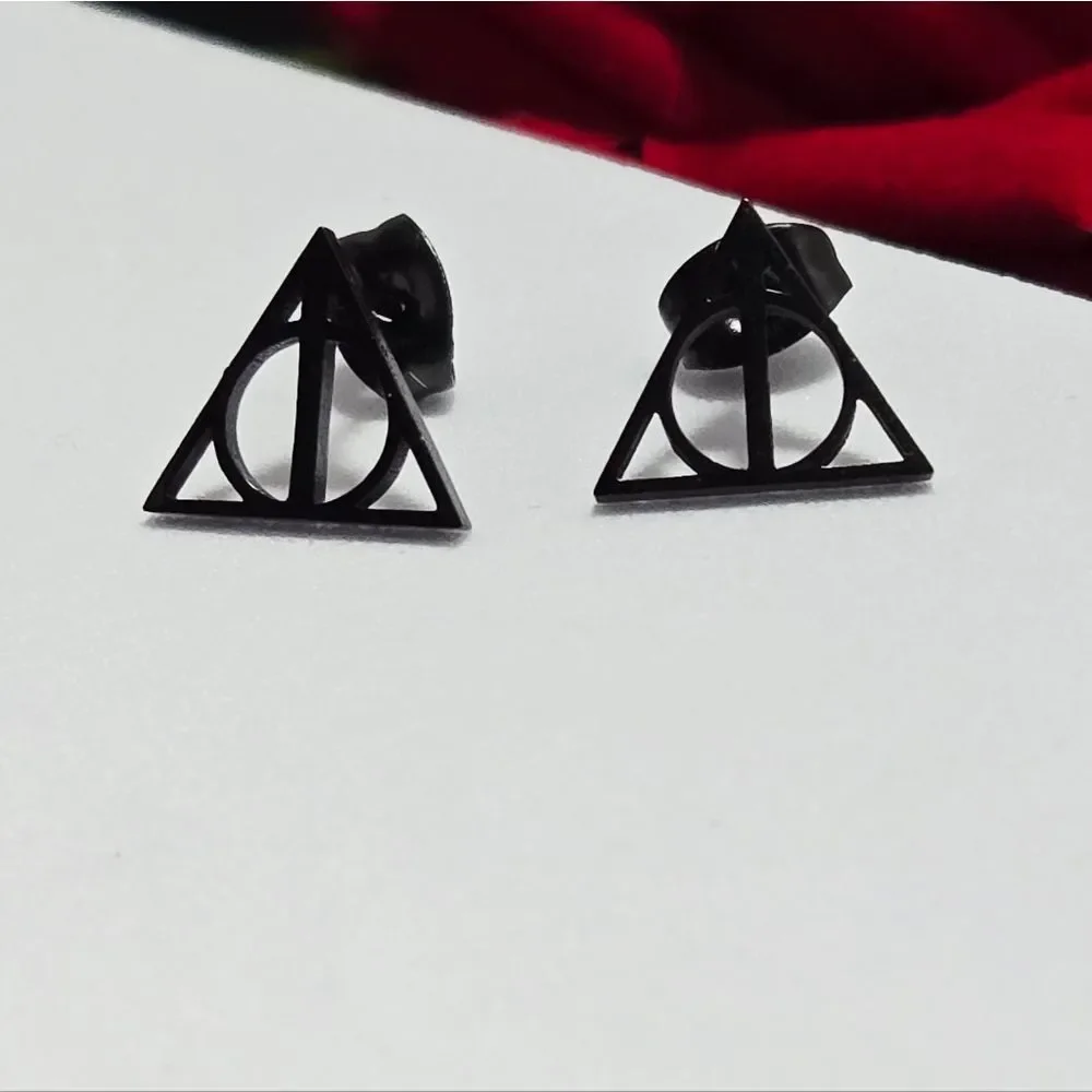 Deathly Hallows Stud Earrings Matte Black Harry Potter Inspired Minimalist Edge